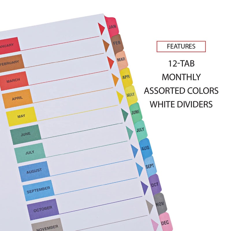 Manaloom Jan-Dec Monthly Table of Contents Index Binder Dividers, 12-Tab, Monthly, Multi-Color, 3 Hole Punched, Compatible with Laser and Inkjet Printers - 3 Sets - Image 3